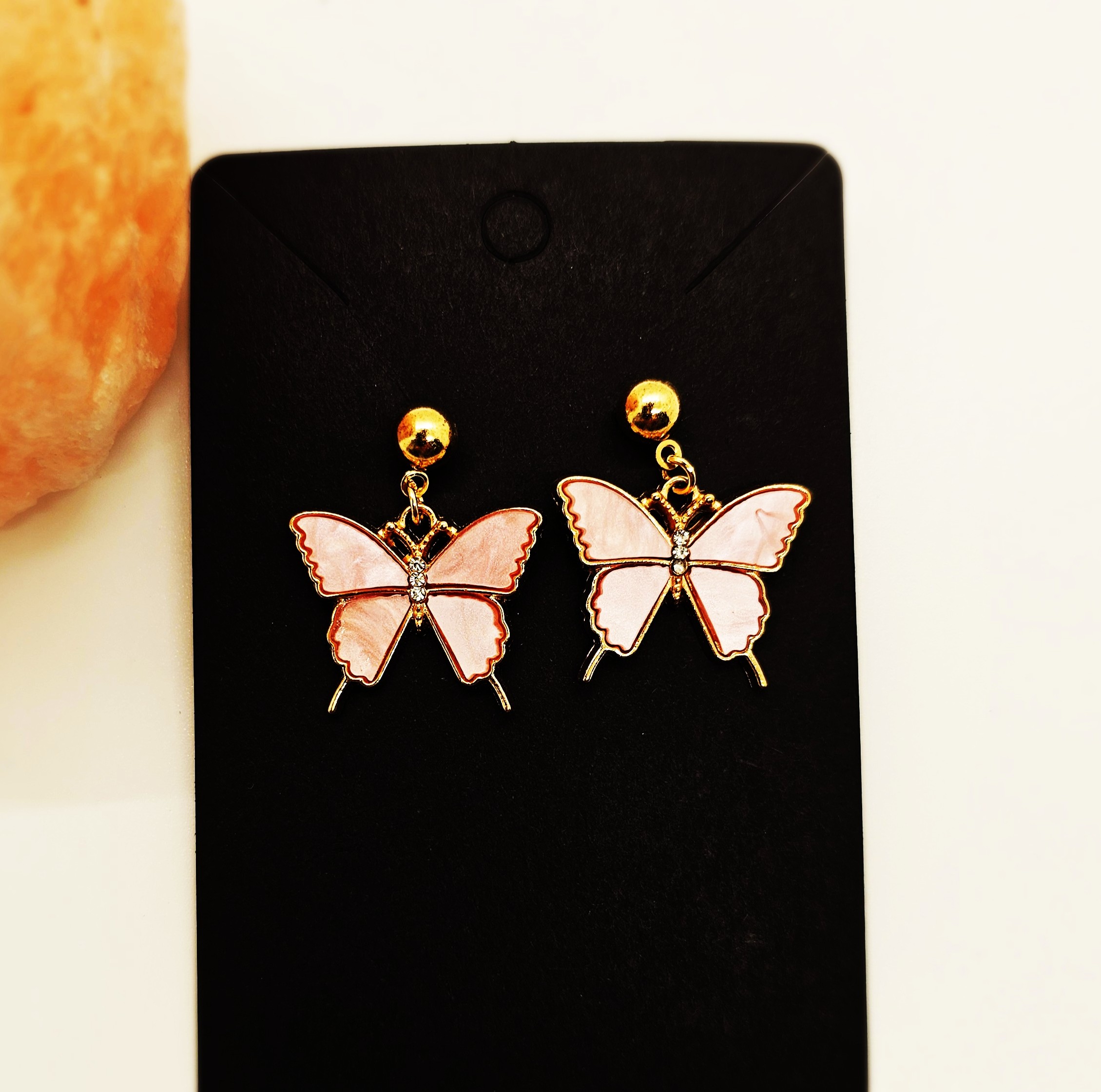 Pink Enamel Butterfly Earrings, Gold Tone
