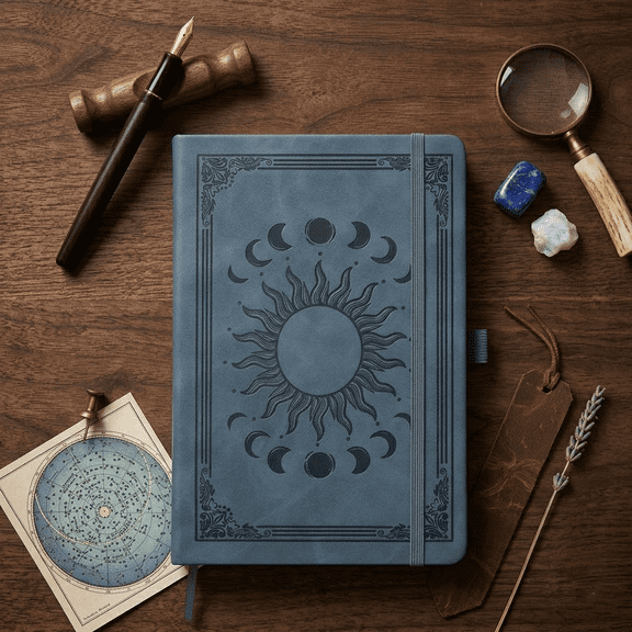 A5 Blue Leather Journal, 200 Pages Sun & Moon Lined Notebook with 9mm Ruled 80GSM Paper, 180° Lay-Flat Diary with Bookmark for School & Office