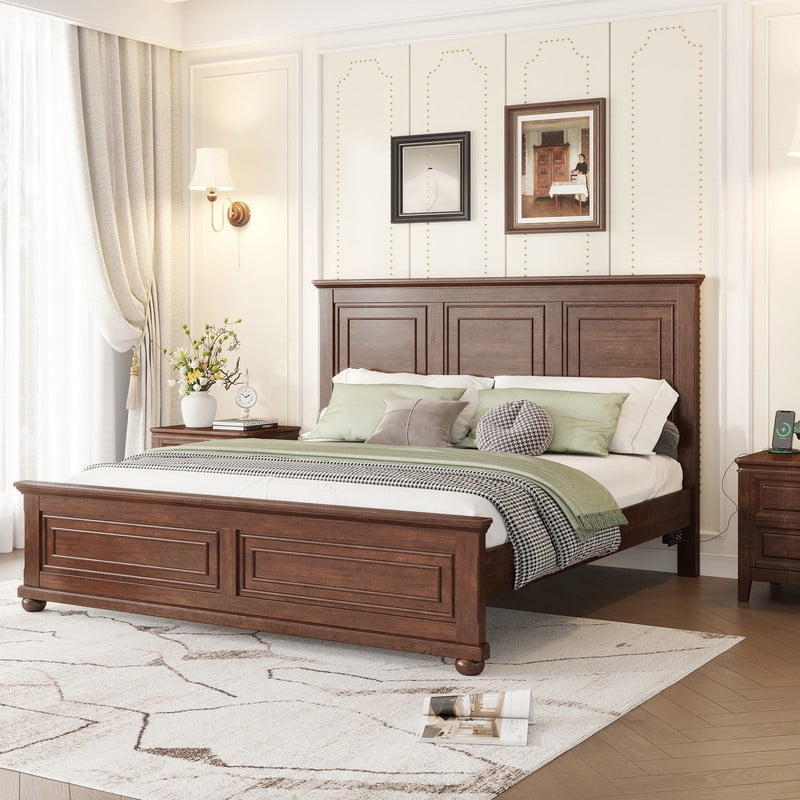 Mirightone King Size Farmhouse Bed Frame with Charging Station, Tall Headboard & Footboard, Solid Wood Platform Bed, No Box Spring Needed, Noise-Free,Walnut