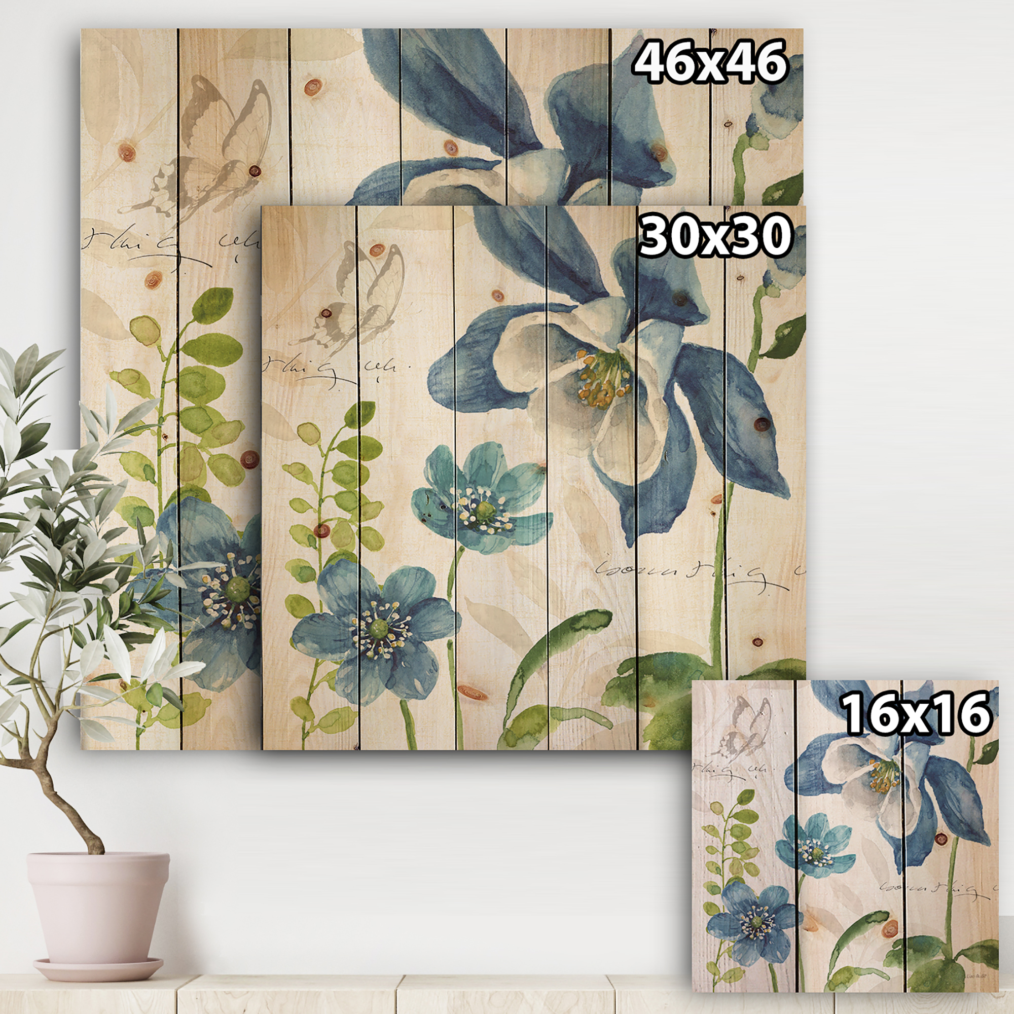 Designart 'Butterfly With Blue Columbine Flowers' Cabin & Lodge Print on Natural Pine Wood