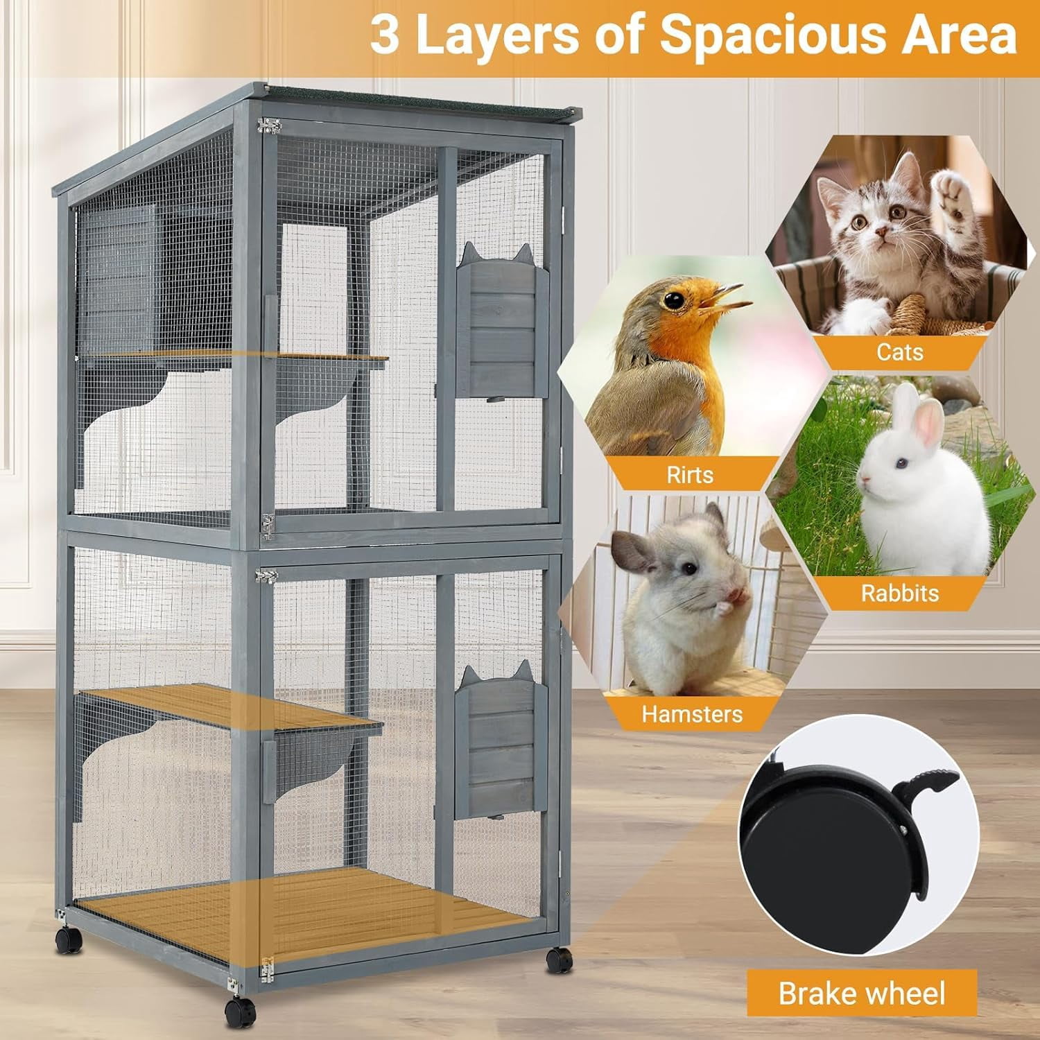Luku 69-Inch Catio, Wooden Cat Enclosure, 4-Tier Cat House w/Waterproof Roof, Removable Tray, Nesting Box and Lockable Caster, Indoor and Outdoor Use