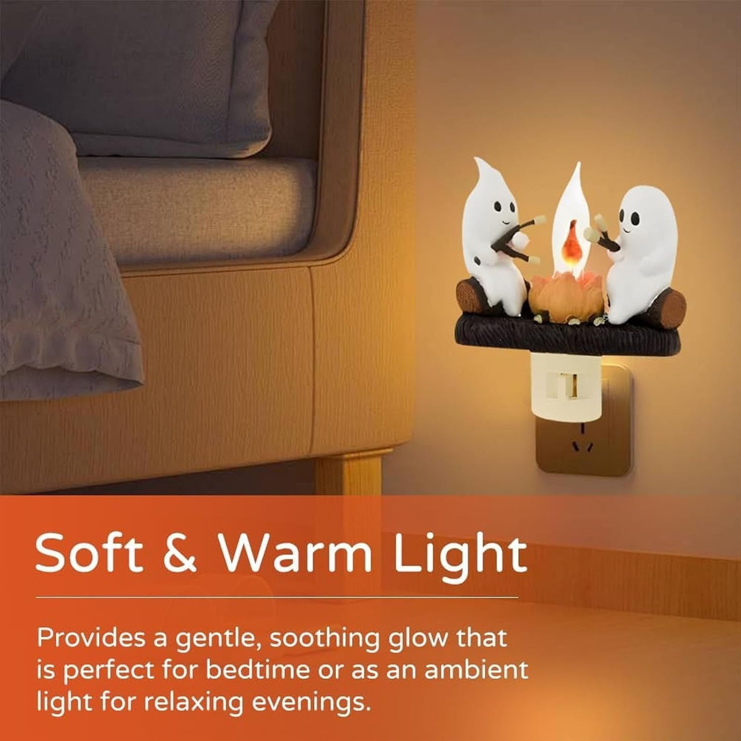 2024 Ghost Campfire Flickering Nightlight, Halloween Night Lights Plug into Wall, 3D Spooky Fire Marshmallow Night Light, Ghost Pumpkin Night Light Dusk Funny Halloween Room Decorations (A-2PC)