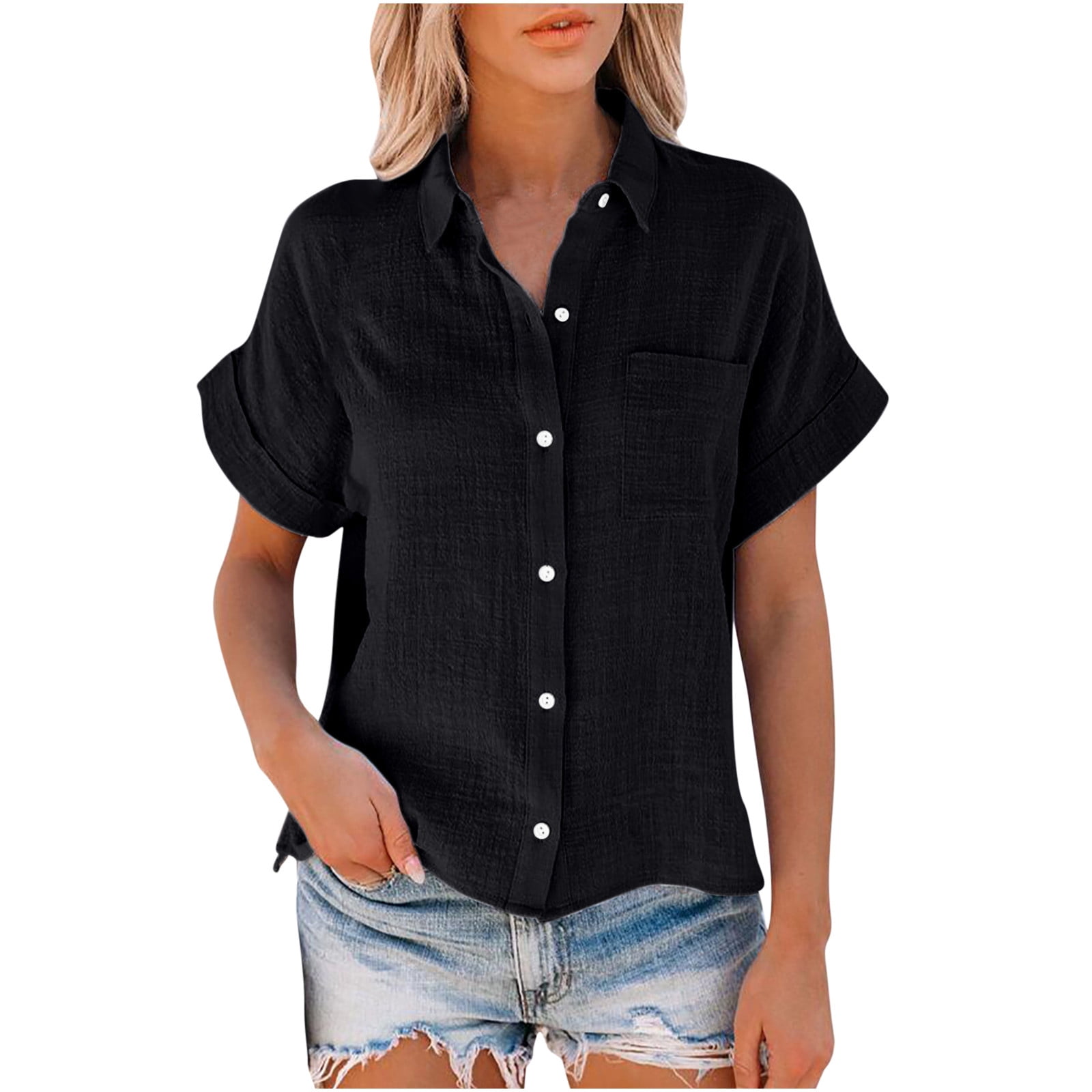 Ichuanyi Womens Cotton Button Down Shirt Casual Short Sleeve Loose Fit