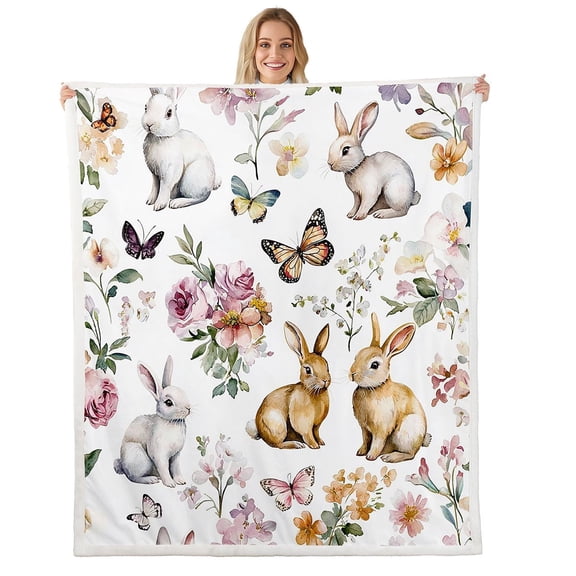 Easter Bunny Throw Blanket,Spring Flowers Fleece Blanket for Sofa Bed Couch,Watercolor Floral Rabbit Butterfly Fuzzy Blanket,Cute Pet Animals Sherpa Blanket Easter Gifts,Twin 60x80