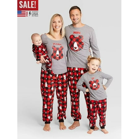 

ZIYIXIN Matching Family Christmas Pajamas Set Cute Polar Bear Print Top and Elastic Plaid Trousers