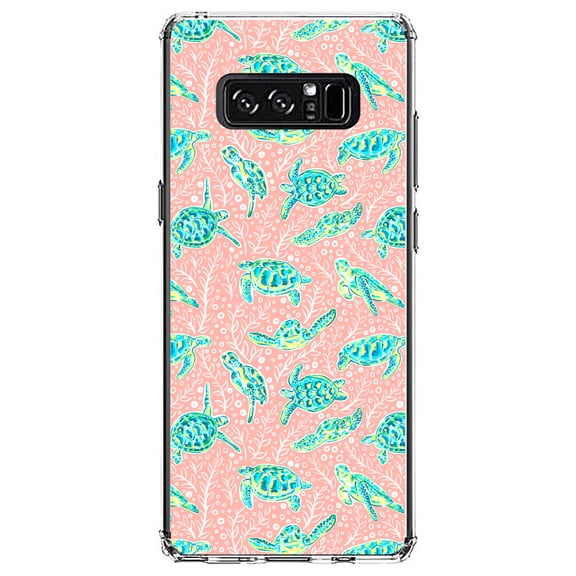 DistinctInk Clear Shockproof Hybrid Case for Samsung Galaxy Note 8 - TPU Bumper, Acrylic Back, Tempered Glass Screen Protector - Preppy Pattern - Turtles on Pink Background