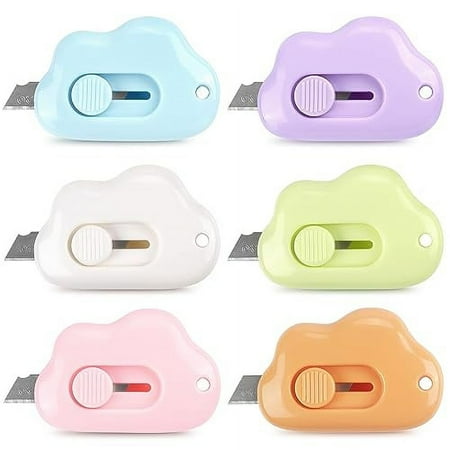 6 Pack Mini Box Cutter Cloud Utility Retractable Art Knives Letter Opener Envelope Slitter, Cloud Shaped Carton Portable Cutter with Key Chain Hole