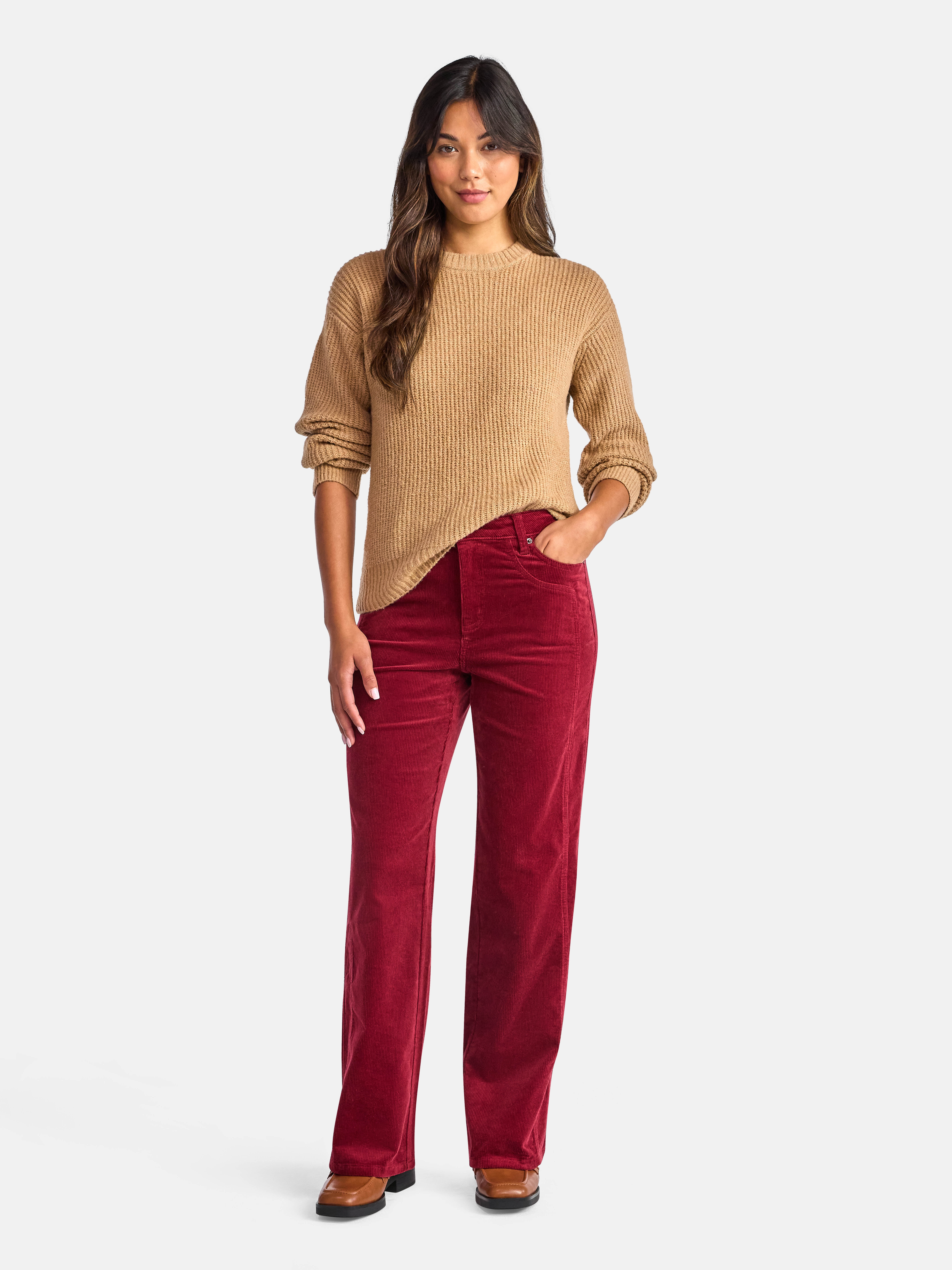 Time and Tru Women's and Women's Plus Corduroy Seamed Wide Leg Pants, 31" Inseam, Sizes 2-22