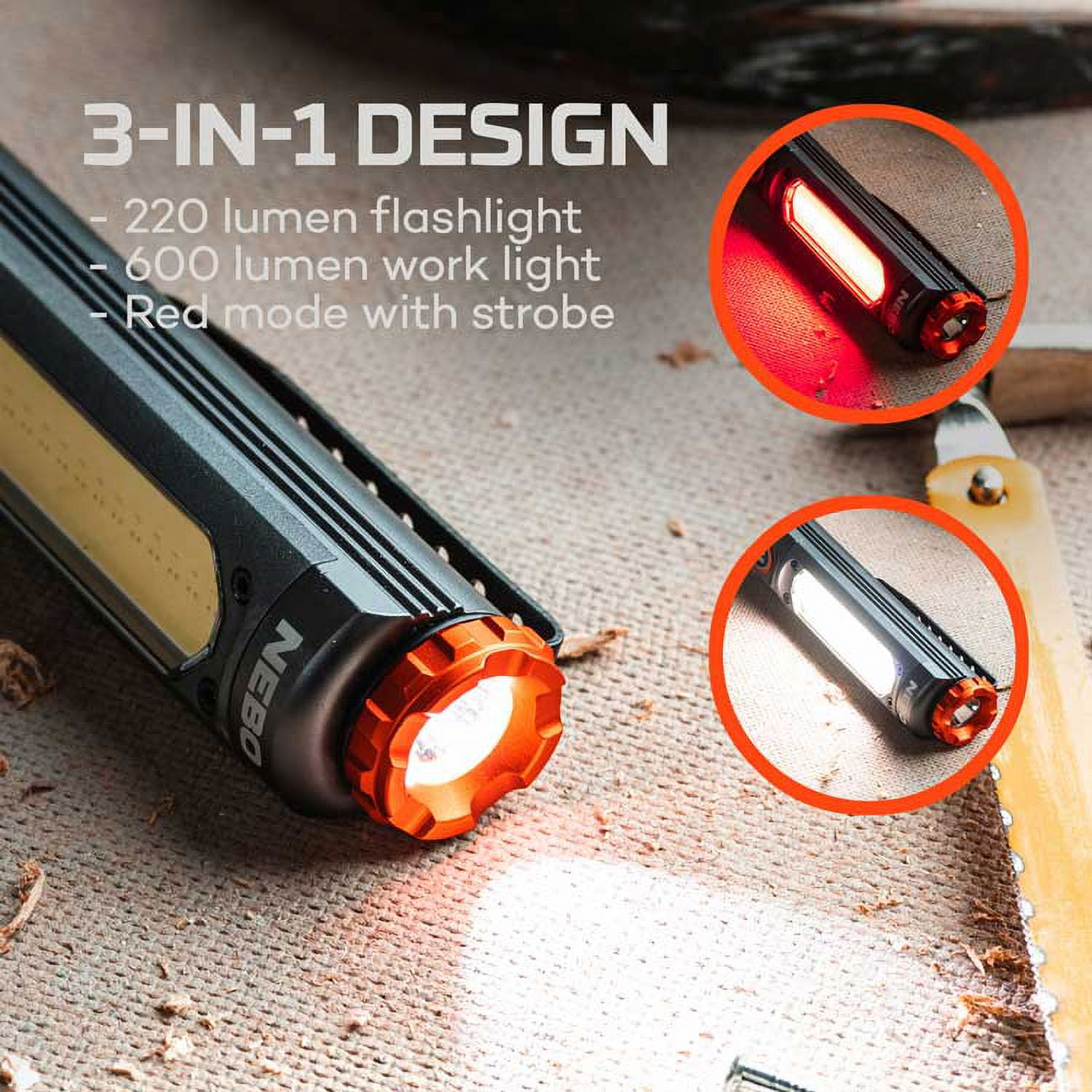 NEBO BIG LARRY 600 Rechargeable Work Light - 600 Lumen Flashlight and 220 Lumen Flashlight