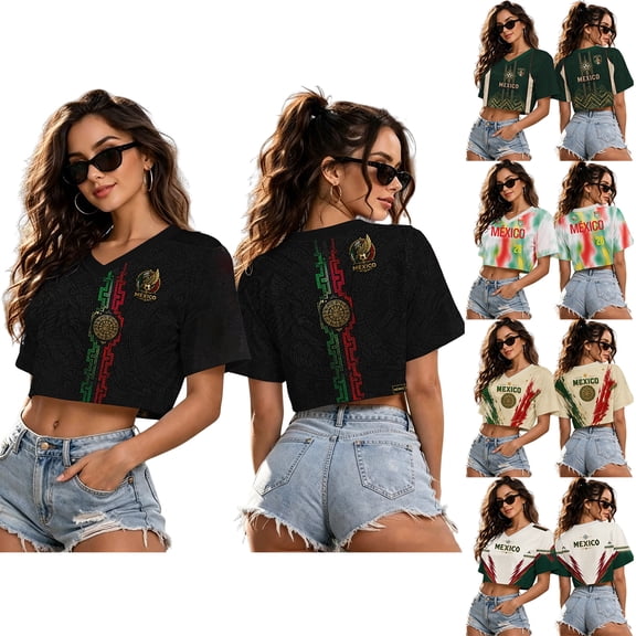 2026 New Mexico Soccer Jersey Women for Fans, Mexican Jersey Soccer Crop Top, Jersey De Mexico V-Neck Short Sleeve Football Apparel Outdoor Training Daily T Shirt for Adult