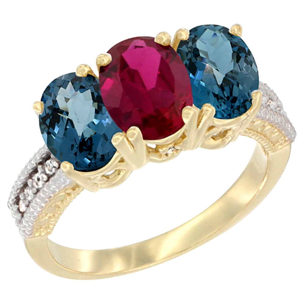 10K Yellow Gold Diamond Natural Ruby & London Blue Topaz Ring 3-Stone Oval 7x5 mm, sizes 5 10 by WorldJewels
