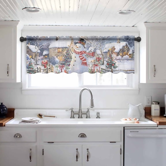 Snowman Christmas Valance Curtains for Kitchen/Living Room/Bathroom/Bedroom Window, Farmhouse Xmas Tree Snowflake Rod Pocket Small Topper Half Short Window Curtains Voile Sheer Scarf 54"x18"