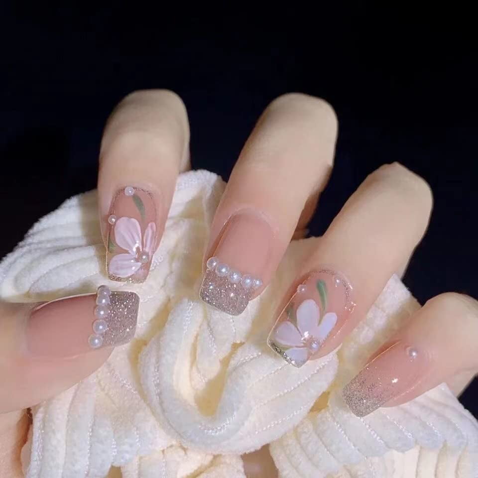 24 Pcs Press on Nails Short Fake Nails Luxury Crystal Acrylic Stick on Nails  Tips Artificial Finger Manicure with Adhesive Tape for Women and Girls  (Flower Pearl) 
