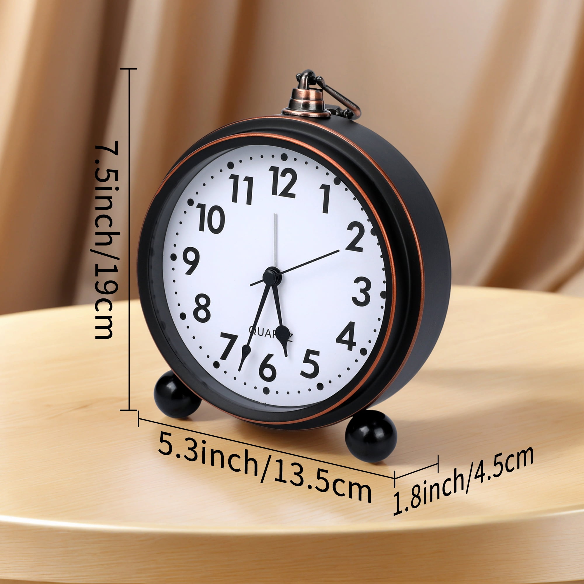 REGALWOVEN Vintage Mechanical Alarm Clock, Metal Casing, with Spherical Base, Ideal for Bedroom Nightstand Wood Grain Pattern 5.3"L x 1.8"W x 7.5"H