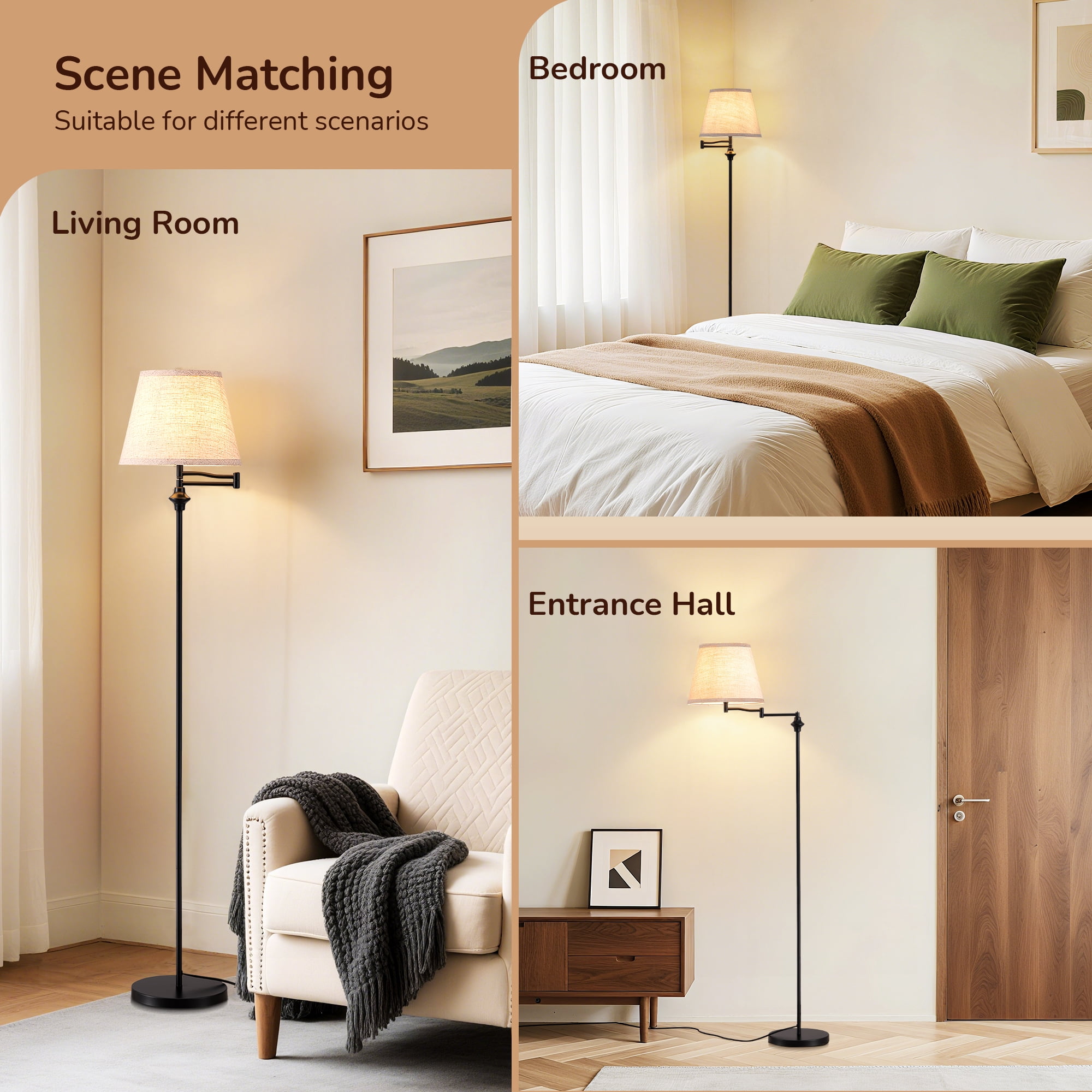 EDISHINE 62in Floor Lamps with Swing Arm for Living Room, Retro 350° Adjustable Standing Pole Vintage Lamp with Foot Switch, Bronze