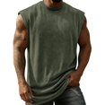 thumbnail image 2 of Solid Vintage Washed Crew Neck Muscle Tank Top Men Loose Wide Arm Cut Breathable Sleeveless Tee for Fitness Outdoor Casual Daily Looks Blackish Green L, 2 of 5
