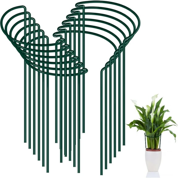 12 Pack Plant Support Stakes, Peony Cages and Supports, Metal Garden Plant Stake(10" Wide x 16" High) Green Half Round Plant Support Rings for Outdoor Indoor Plants, Tomato, Hydrangea