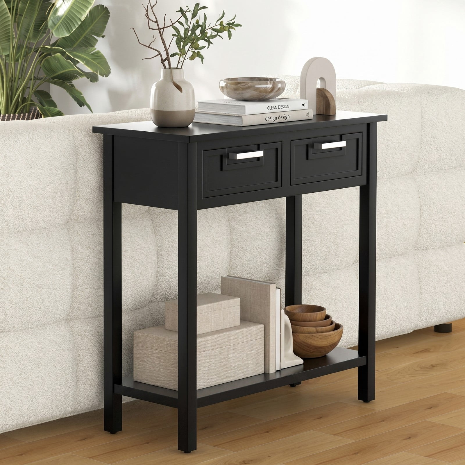Furnibear Narrow Console Table with 2 Drawers and Open Storage Shelf and Solid Wood Legs for Small Entryway and Foyer, Black