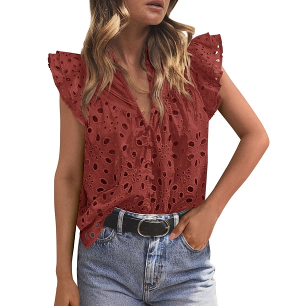 Top PRETTYGARDEN Mujer Verano con Volantes, Manga Corta con Volante y Escote en V