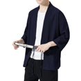 thumbnail image 3 of Haseil Cárdigan tipo kimono para hombre, chaquetas japonesas, algodón informal, camisa de manga 3/4, abrigo frontal abierto, lino ligero, Yukata, azul marino, talla 2XL = talla L, 3 of 5