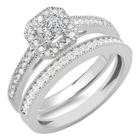 0.65 Carat (ctw) 14K Gold Princess & Round Cut White Diamond Ladies Bridal Halo Engagement Ring Set