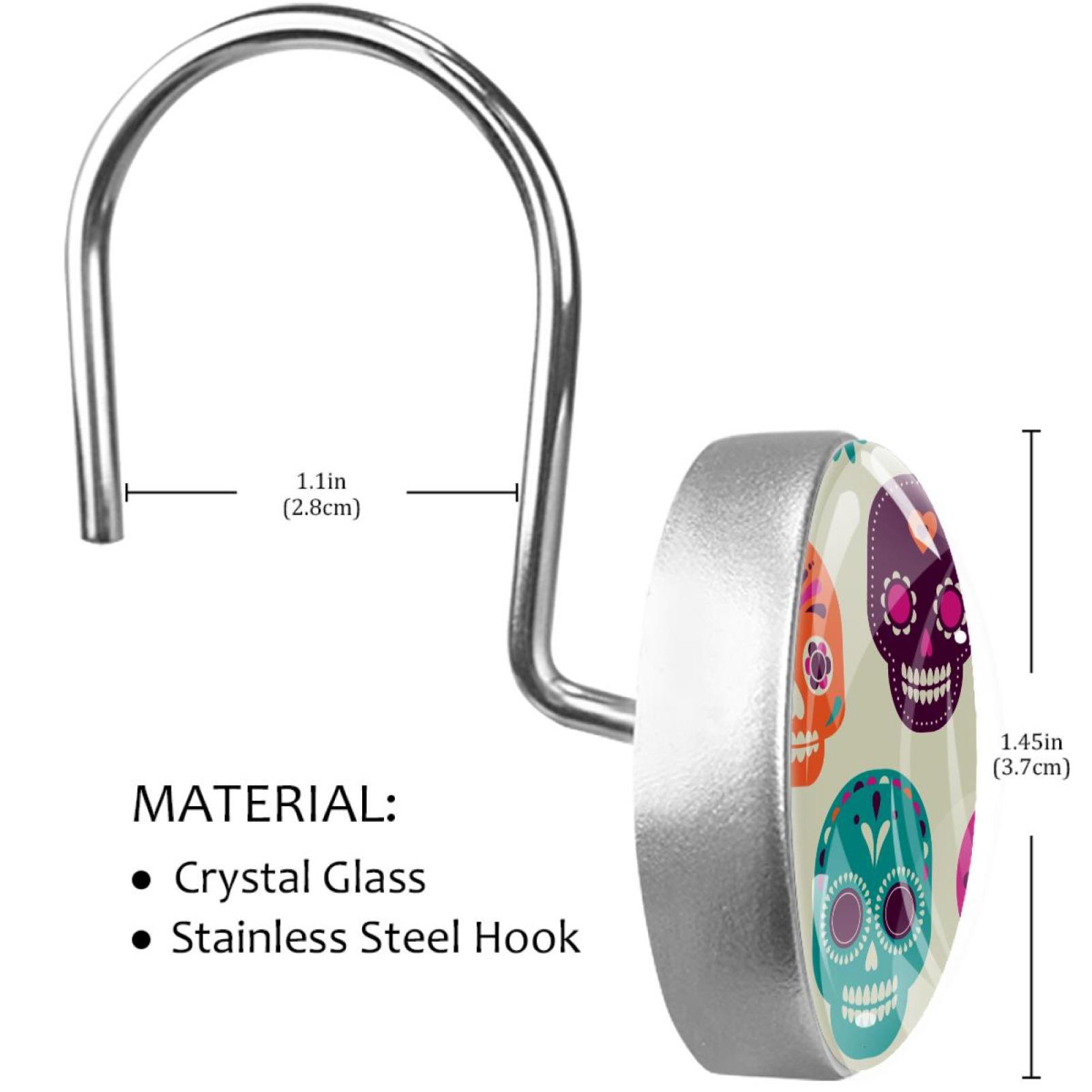 Skull Shower Curtain Hooks（Set of 12）for Home Hotel Shower Rods Bathroom Crystal Glass Print Stainless Steel Round Curtain Hooks