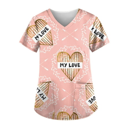 

XHJUN Scrub Tops Women Stretchy Valentine s Day Nurse Uniform Queen Of Hearts Print V Neck Nurse Shirts Orange XXXXL