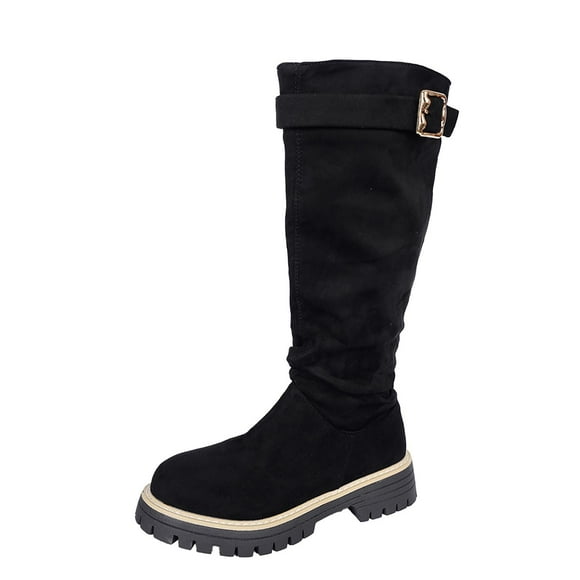 Black Feminine Tall Boots With Buckle Closure Round Toe And Heel Ideal For Winter Season Comfortable For Outdoor Activities