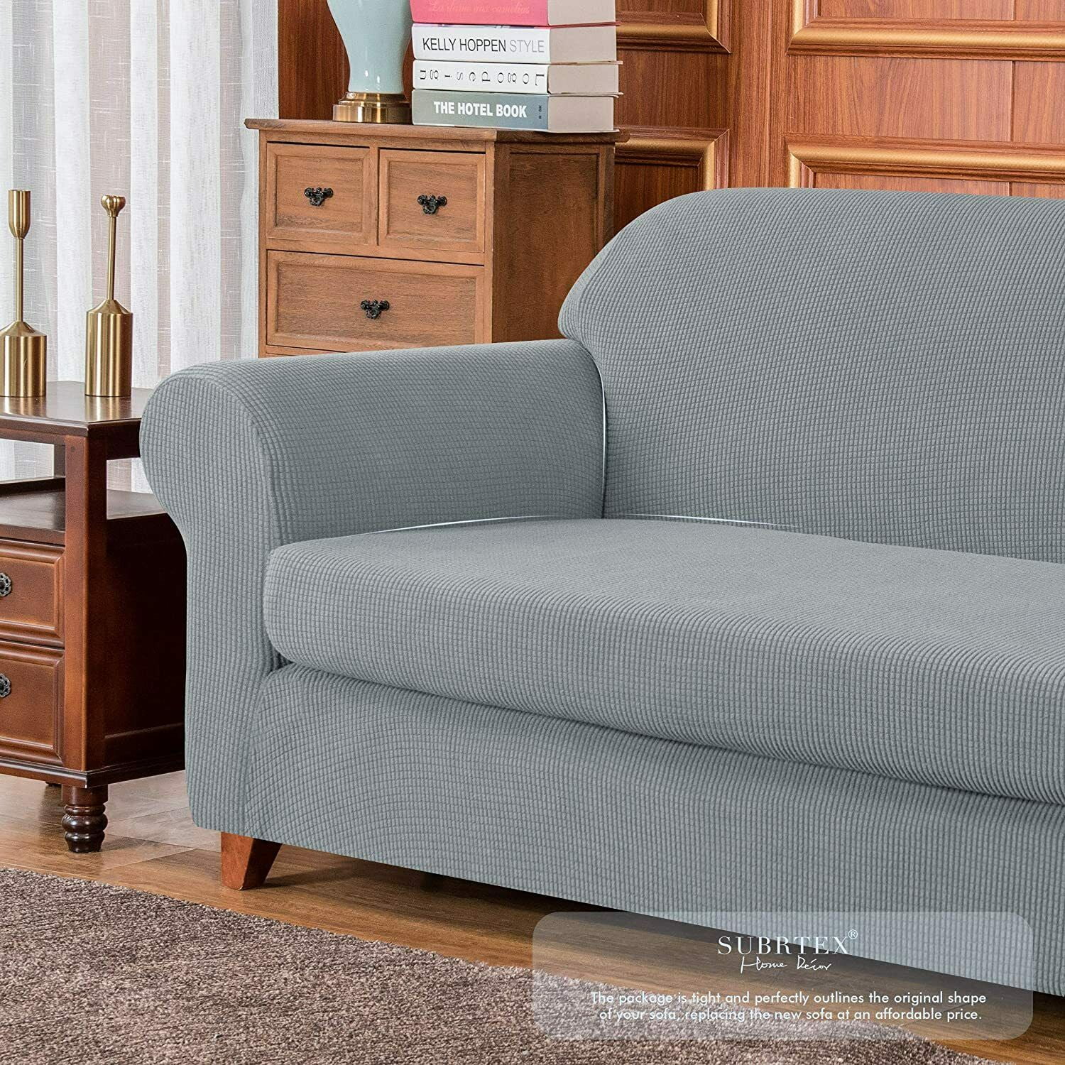 Subrtex Stretch 2-Piece Textured Grid Sofa Slipcover Jacquard Non Slip Couch Cover (Light Gray, Armchair)