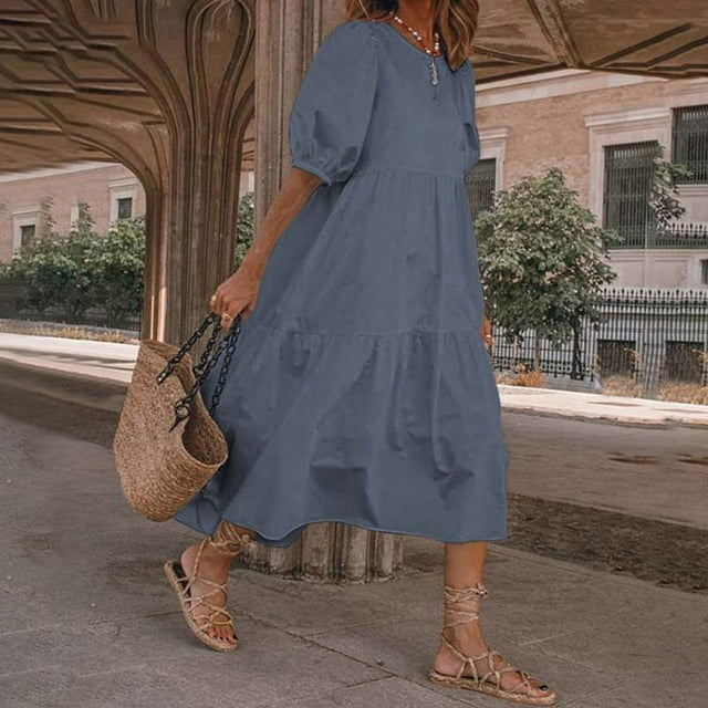 LOVZFMLL Mode Femmes Ample Couleur Unie O Manches Bouffantes Décontractée Manches Courtes Robe Gris m