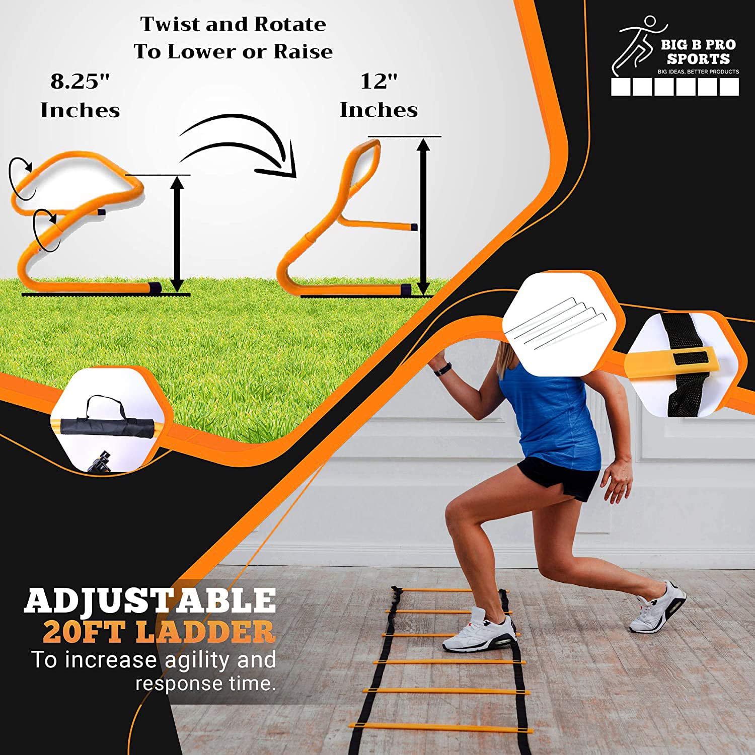 Spri Agility Kit 6 Discs 6 Hurdles 14’ Ladder Crossfit workout Home Gym Orange 