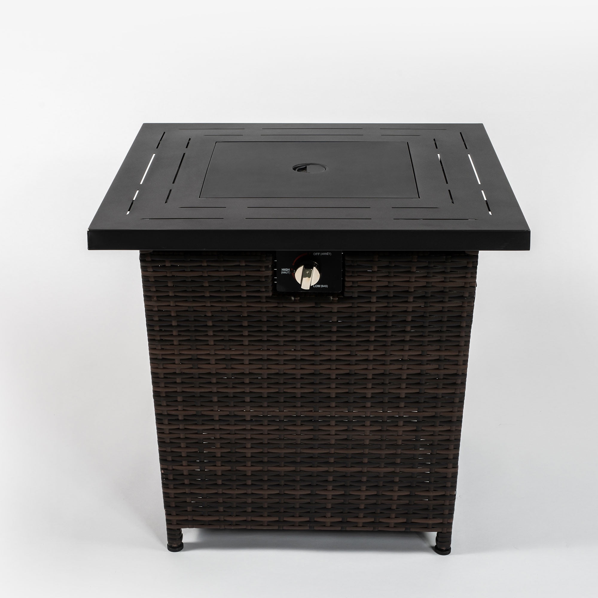 Lisonu 28-Inch Black Wicker Outdoor Propane Gas Fire Pit Table with Steel Top and 50,000 BTU Heat Output