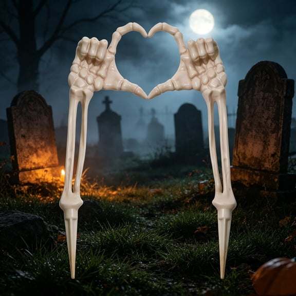 2Pcs Halloween Heart Skeleton Hands Stakes, 17in Realistic Bone Arm Lawn Stakes Spooky Outdoor Garden Yard Pathway Graveyard Decor Ornament