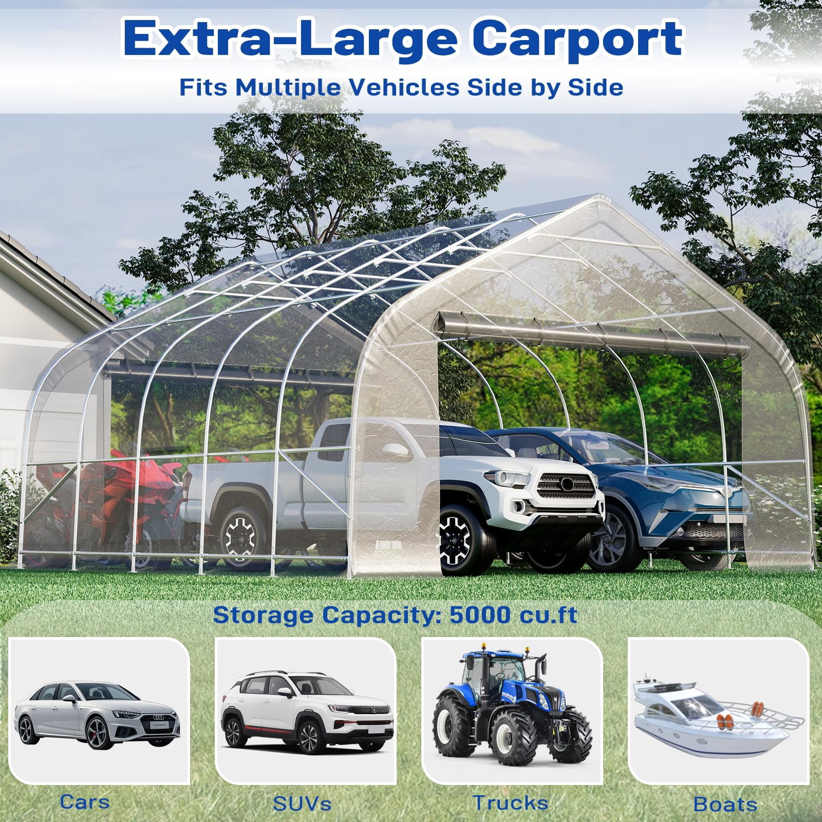 Richryce 20x20 ft Carport, Heavy Duty 2 Carports and Shelters with Sides andGalvanized Steel Frame , Fits 2 Cars, Boat, Farm Equipment, Silver Gray
