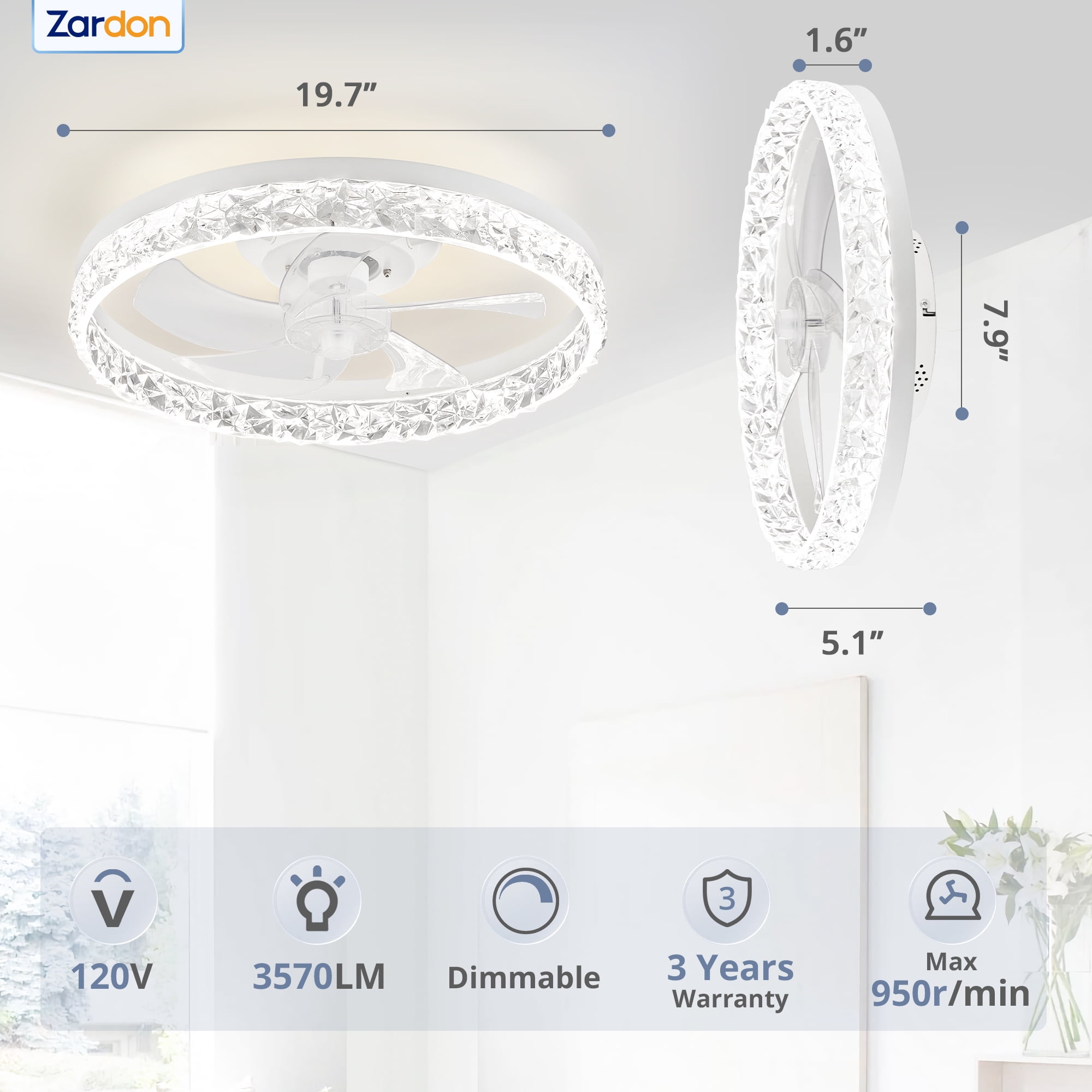 Zardon 20" Modern Ceiling Fan with Light and Remote Control & App Control -White Ceiling Fan for Bedroom, Kitchen