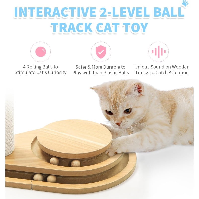 Made4Pets 32" Tall Cat Scratching Post with Sisal Scratcher, 2-Tier Ball Track & Hanging Toys, Multi-Level Cat Activity Center with Sturdy Wooden Base for Indoor Cats & Kittens