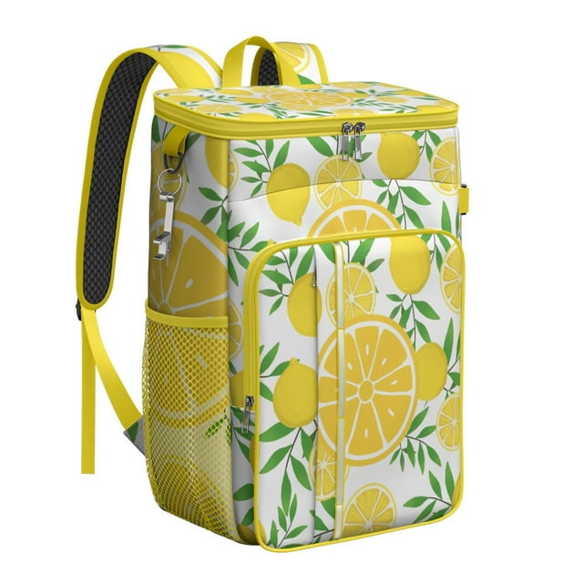 Yellow Lemon Print Backpack Cooler, Leakproof Insulated Lunch Bag for Tropical Trips and Summer Fun