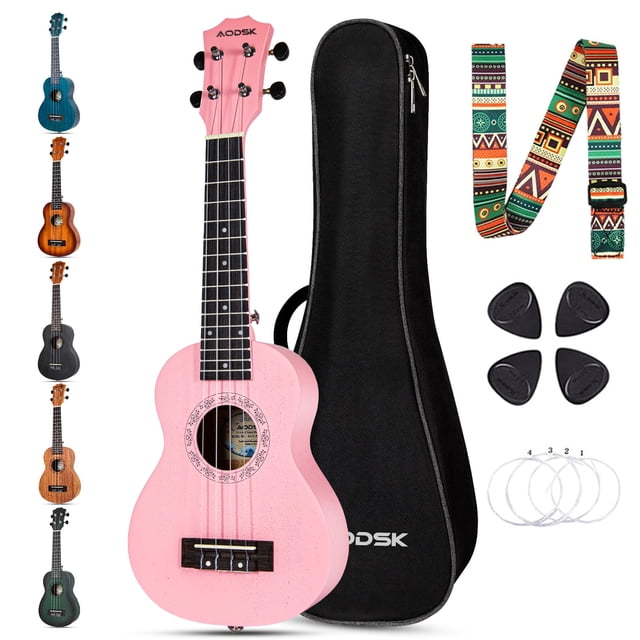 Ukelele rosa AODSK Concert para principiantes de 23 pulgadas con correa de nailon, 4 púas, regalo navideño