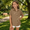 thumbnail image 2 of JAJAHO Boys Girls Button Down Shirts Kids Short Sleeve Solid Color Loose Fit Collared Blouses Classic Casual Summer Top Ages 3-16 Years Stylish Tops, 2 of 6