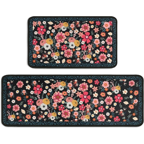 Bohemian Kitchen Floor Mats, Waterproof Kitchen Rug 2 Piece Set, Floral Kitchen Floor Mats for Kitchen, Office, Sink, Laundry Room, 17 ""x30 and17 x47, Flower