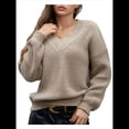 thumbnail image 2 of Suéter de Larga con Cuello en V para Mujer, Suéter Holgado de Punto Grueso de Gran Tamaño. Caqui M, 2 of 10