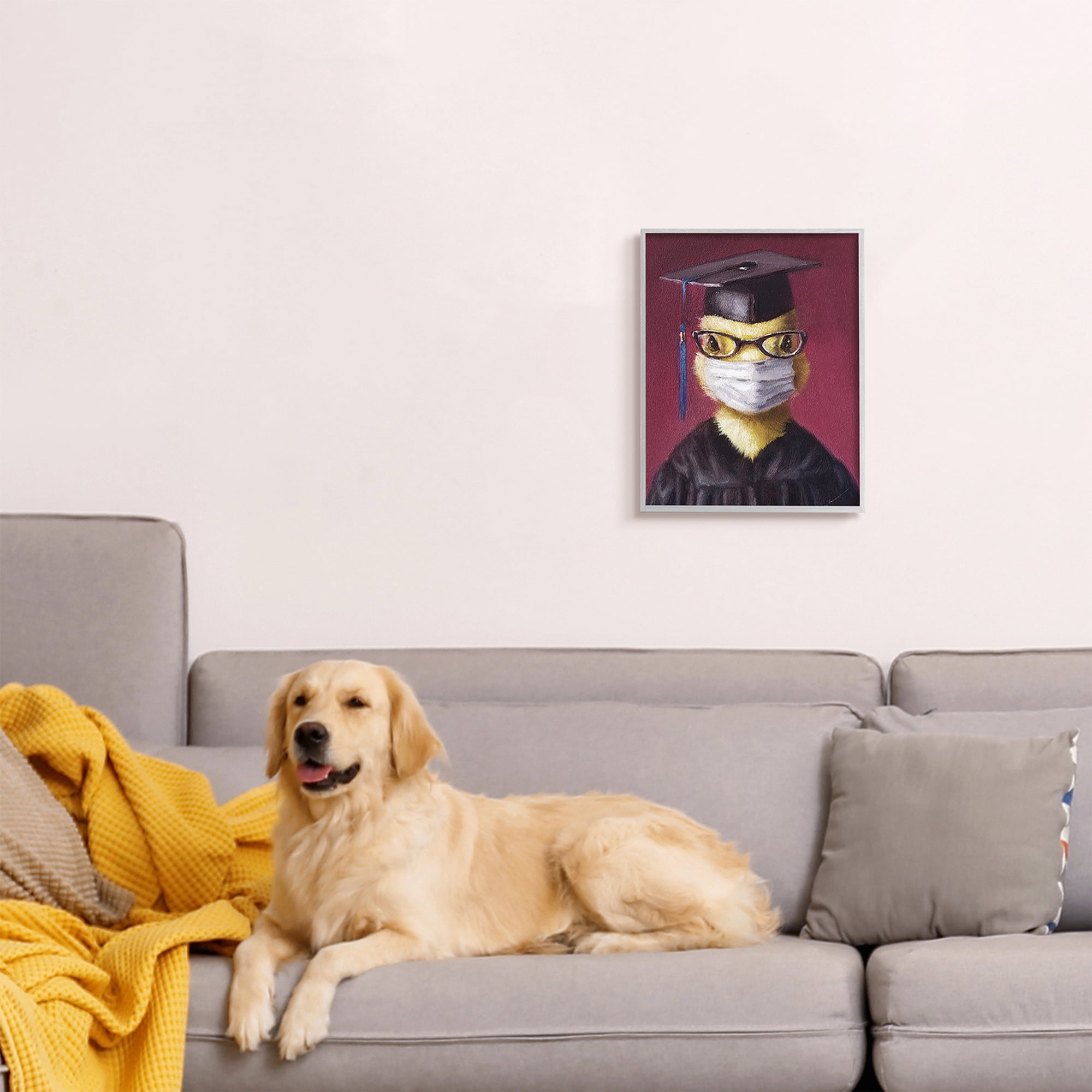 Stupell Industries Duckling Bird Graduate Face Mask over Red Animals & Insects Painting Gray Framed Art Print Wall Art, 16 x 20