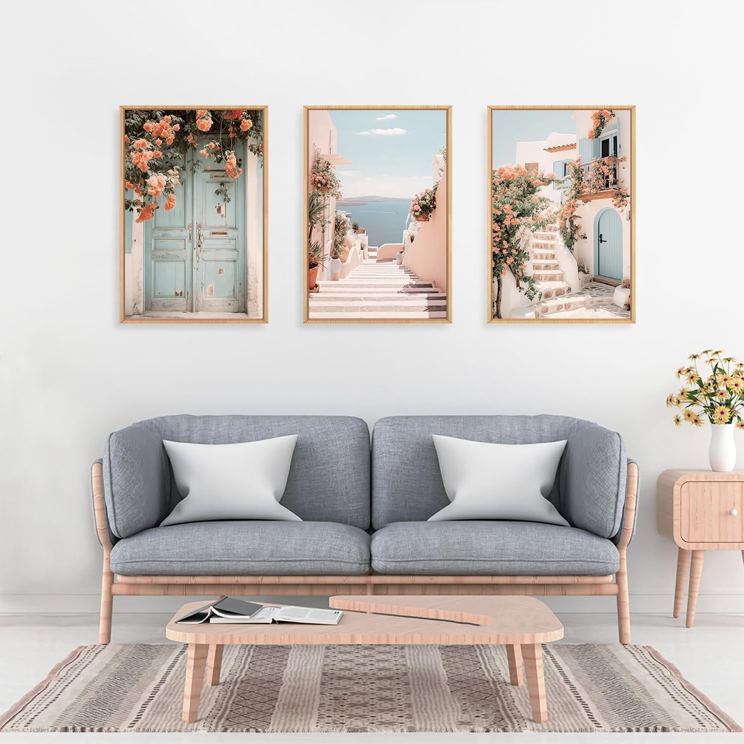 Italy Coast Cityscape Framed Canvas Wall Art Set, Neutral Italian Countryside Wall Decor, Aegean Santorini Landscape Wall Painting, Florida Beach Art Prints for Living Room, Bedroom 16"x24"x3