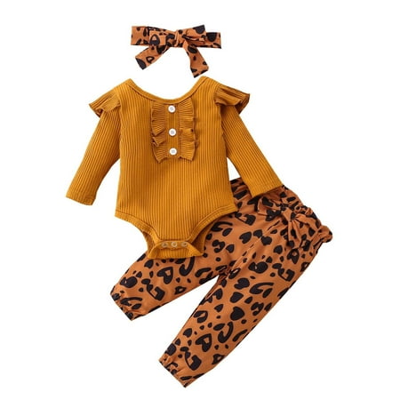 

Baby Girl Clothes Set Baby Girls Rib Cotton Long-sleeved Romper Printing Trousers Headwear Baby Suit Knitted Stripe Leopard Print Long Trouser Bodysuit Pants Outfits with Headband 3Pcs Sets