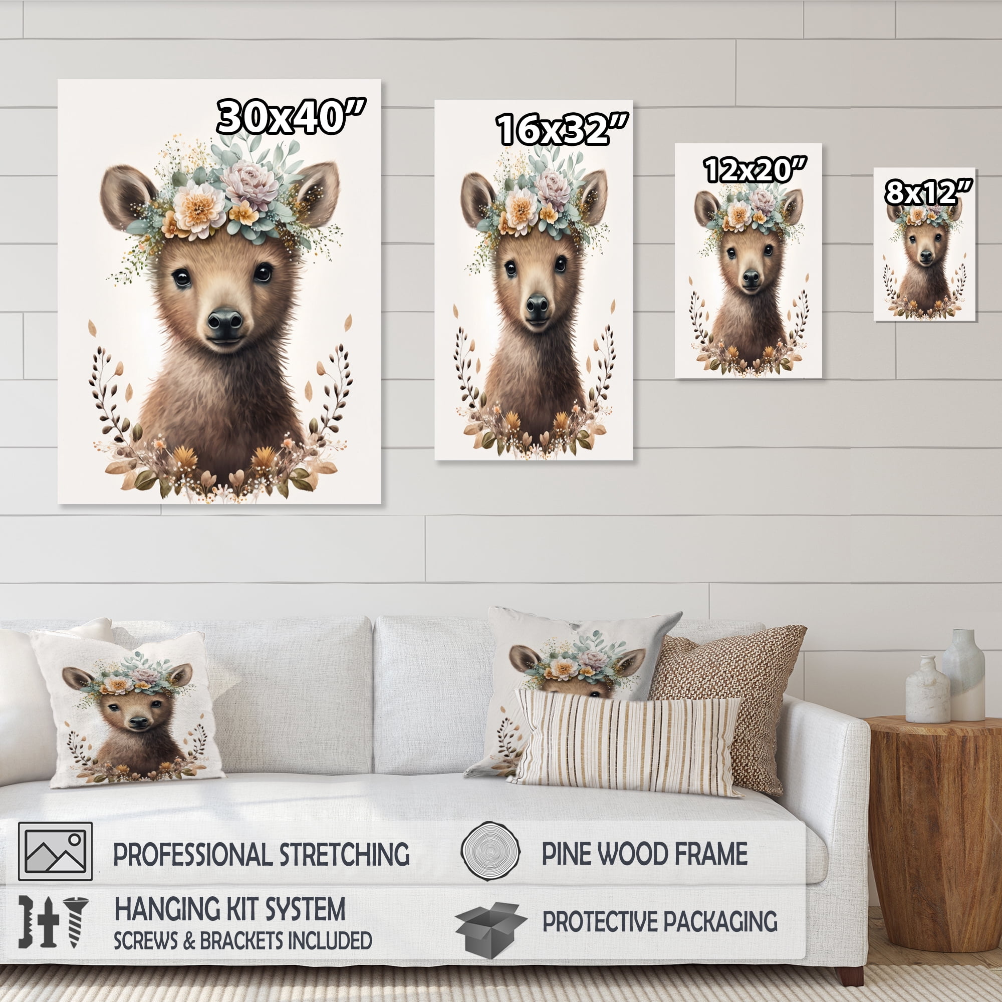 Designart Cute Baby Bear With Floral Crown I Canvas Wall Art
