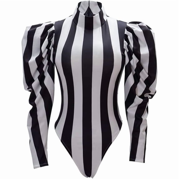 Women's Black and White Striped Form Fitting Jumpsuit Bodysuit Outfit