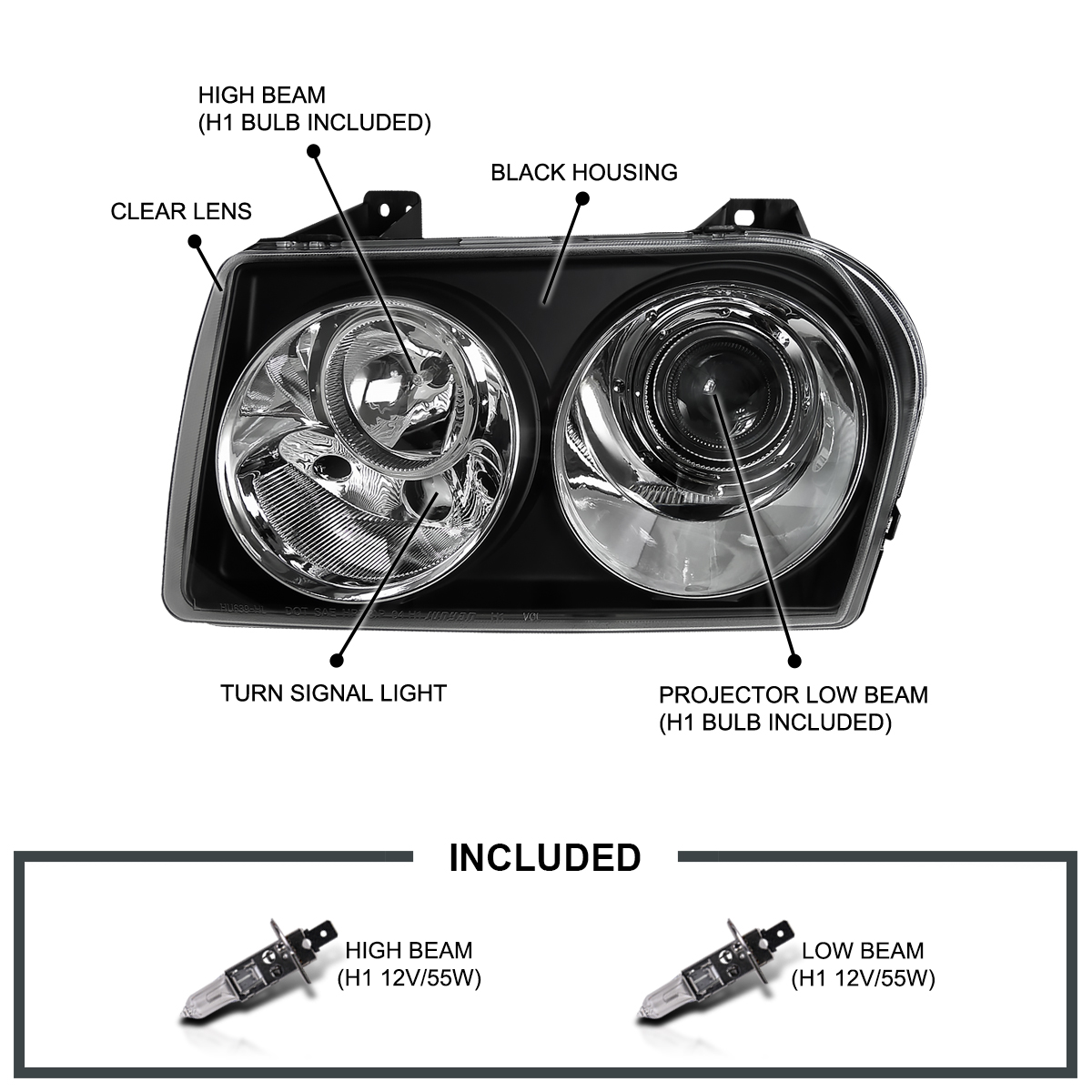 Spec-D Tuning Black Projector Headlights Compatible with 2005-2010 Chrysler 300 Base / LX / Touring / Touring AWD, 2005-2007 Chrysler 300 Limited / Limited AWD, Left + Right Pair Headlamps Assembly