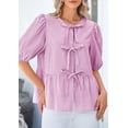 thumbnail image 4 of Blusa PRETTYGARDEN para mujer con lazo en la parte delantera a rayas moradas y rojas, 4 of 9