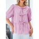 thumbnail image 4 of Blusa PRETTYGARDEN para mujer a rayas con lazo en la parte delantera y manga abullonada, 4 of 9
