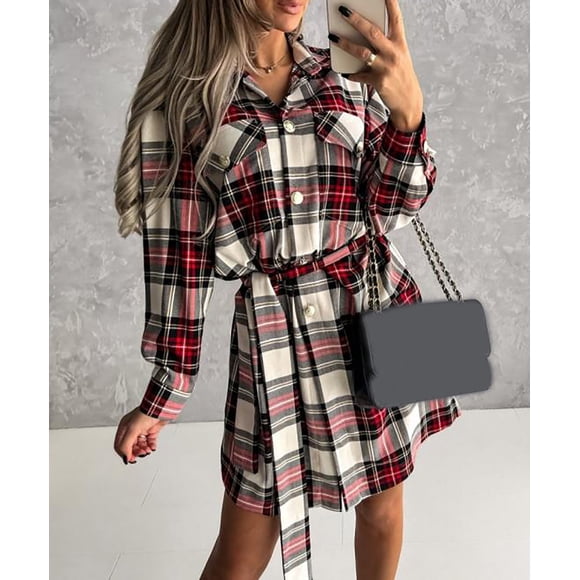 FcBaudy Skirts for Women, Midi Dresses for Women, Summer Dresses for Women Women's Fashion Temperament Lapel Plaid Printing Long Sleeve Slim Belt Shirt Dress Short Skirt Women Dress
